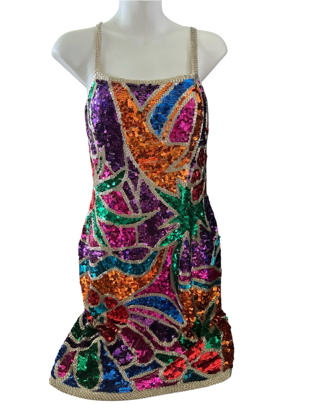 Vintage 80's 90's Sequin Mini Formal Dress Alyce Designs Bold Multi Color Sz. 10